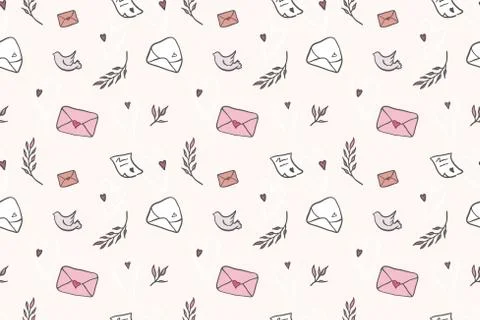 Love message texture romantic seamless pattern with hearts and dove. Love letter Stock Illustration