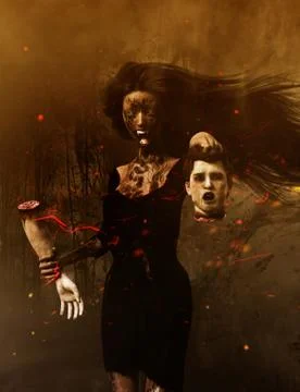Love never dead,3d illustration of Ghost woman with head of her lover,Scary b Illustrazione stock