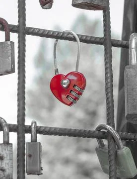Love padlocks representing ever lasting love. Red heart love lock. Stock Photos
