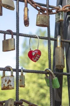 Love padlocks representing ever lasting love. Red heart love lock. 스톡 사진