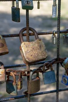 Love padlocks representing ever lasting love. Detail. Close up. Stock Photos