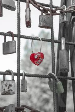 Love padlocks representing ever lasting love. Red heart love lock. Stock Photos
