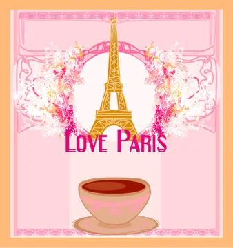 Love Paris with tower Eiffel and coffee over pink background illustra Stock Illustration