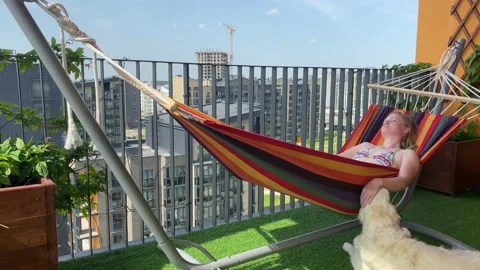 Love for pets. woman in bikini resting on a hammock on the terrace and stroking Stock Footage 134161663