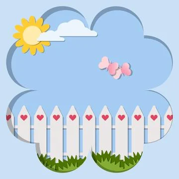 Love postcard paper cutout vector illustrations. White fence with green grass Stock Illustration