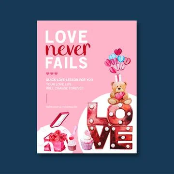 Love poster design with roses, teddy bear watercolor illustration. Stock Illustration
