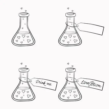 Love potion bottles set with tags. Copy space. Test tube with liquid and hear Stock Illustration