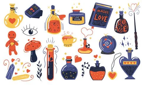Love potion. Doodle magical elixir. Bottles with alchemical beverages Illustration