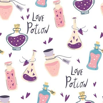 Love potion seamless pattern. Hand draw cartoon magic bottles. Witchcraft sym Stock Illustration
