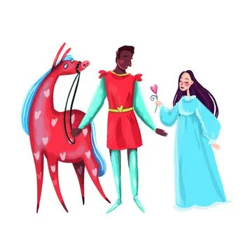 Love of Prince and Princess on a red horse in hearts. Stock Illustration