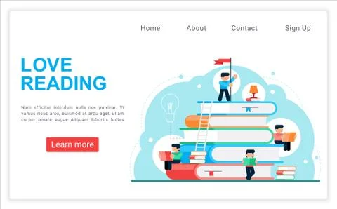 Love reading men on the gigant stack books flat vector illustration web landing Illustrazione stock