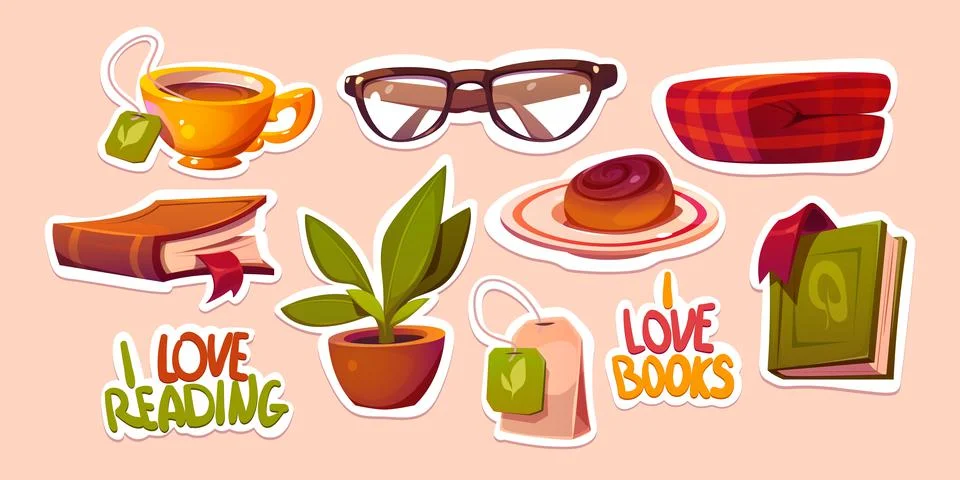 Love reading stickers pack, vector illustration Stock Illustration