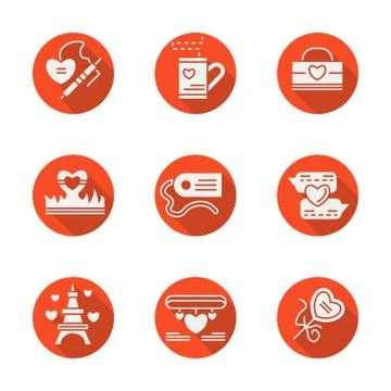Love red round flat vector icons set 스톡 일러스트