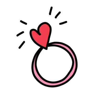Love ring with red heart in doodle style isolated on white. Hand drawn cute love Stock Illustration