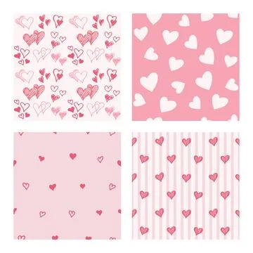 Love romantic seamless patterns set hand drawn doodle hearts Valentines day Stock Illustration