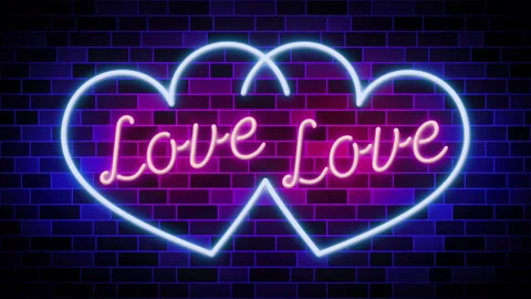 Love script letter with 2 heart. Valentine's Day in neon style. Stockbeeldmateriaal 134137130