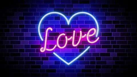 Love script letter with heart on dark in neon style with brick wall background. Vídeos de archivo 134136650