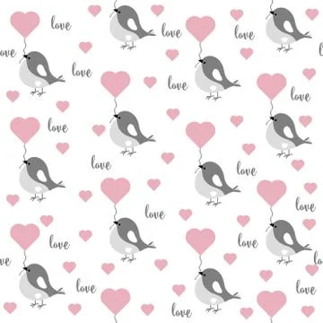 Love seamless pattern with birds and hearts Stock Illustration