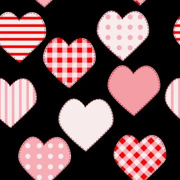 Love seamless pattern with pink patchwork hearts on black background Stock Illustration