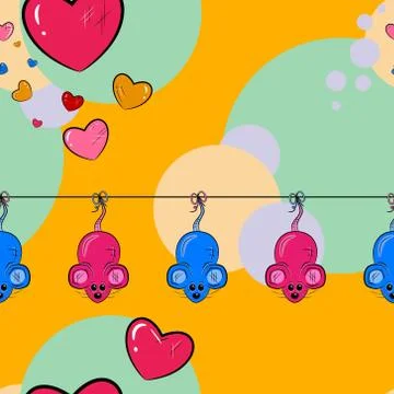 Love Seamless Pattern with rats, mouses and hearts. Vector illustration. Stock Illustration