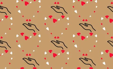 Love sending seamless pattern. Cute red, white heart shapes, outline hand Stock Illustration