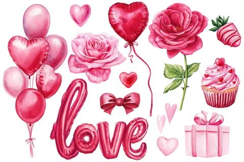 Love set isolated white background. Heart balloons, cookie, rose. Valentines day Illustrazione stock
