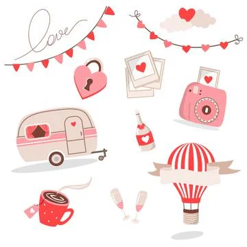 Love set postcard vector heart romantic travel Stock Illustration