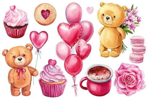 Love set sweet elements, isolated white background. Heart balloon, bear, cupcake Stock Illustration