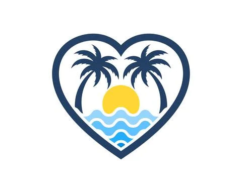 Love shape with abstract beach wave and palm tree Stock Illustration