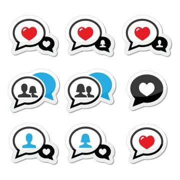 Love, speech bubbles with heart vector icons set Stock Illustration
