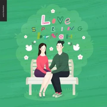 Love, spring, bench letetring and a couple in love Stock Illustration