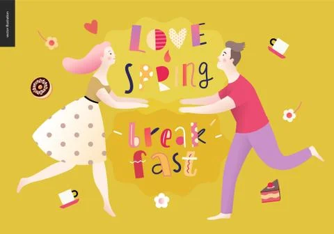 Love, spring, breakfast Lettering composition Stock Illustration