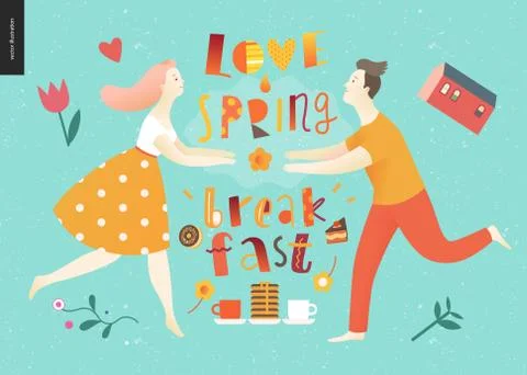 Love, spring, breakfast Lettering composition Stock Illustration