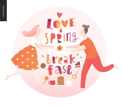 Love, spring, breakfast Lettering composition Stock Illustration