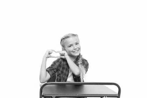 Love study. Education school program. Girl school pupil sit desk enjoy studying Stock Photos