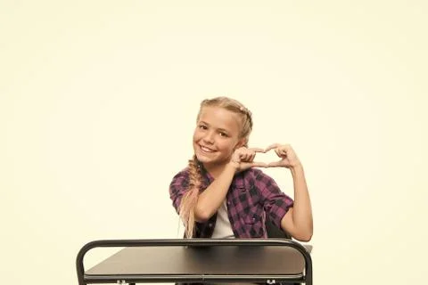 Love study. Education school program. Girl school pupil sit desk enjoy studying Stock Photos