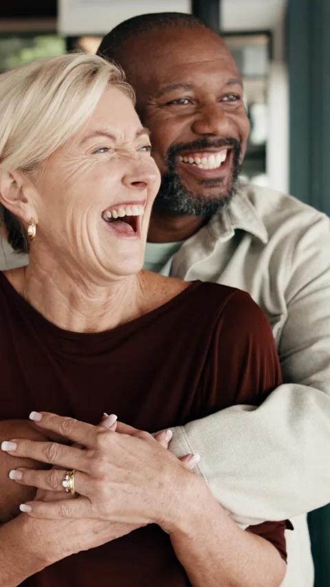 Love, support or interracial couple in house with laugh, partner hug or bonding Stock Footage 338051028