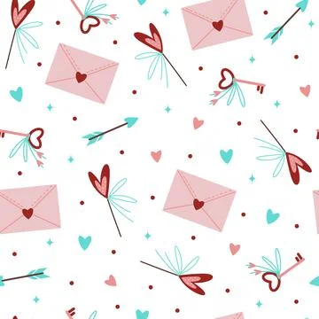 Love symbols seamless vector pattern. Hand-drawn holiday elements on a white Illustrazione stock