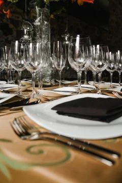 Love table setup, wedding guest table, reception layout rustic and vintage ba Stock Photos