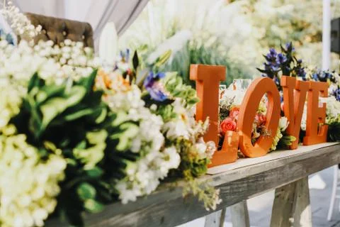 Love table setup, wedding guest table, reception layout rustic and vintage Stock Photos