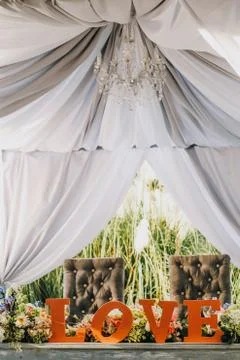 Love table setup, wedding guest table, reception layout rustic and vintage Stock Photos