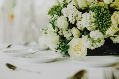 Love table setup, wedding guest table, reception layout rustic and vintage ba Stock Photos
