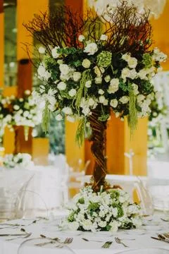 Love table setup, wedding guest table, reception layout rustic and vintage ba Stock Photos