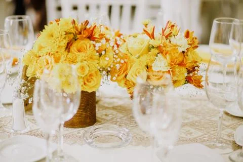 Love table setup, wedding guest table, reception layout rustic and vintage ba Stock Photos