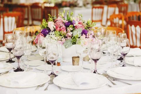 Love table setup, wedding guest table, reception layout rustic and vintage ba Stock Photos