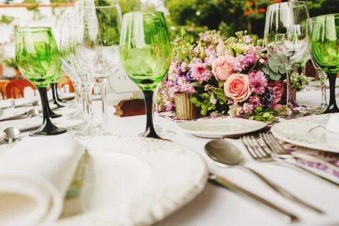 Love table setup, wedding guest table, reception layout rustic and vintage Stock Photos