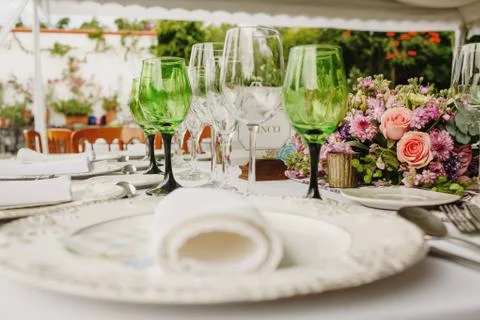 Love table setup, wedding guest table, reception layout rustic and vintage Stock Photos