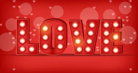 Love text in lights Vector realistic. Special Valentine day card. Red romanti Stock Illustration