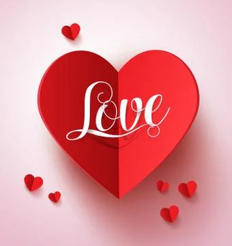 Love text typography in red paper cut heart. Valentines card vector design Stock Illustration