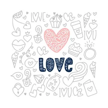 Love text with vintage doodle vector elements. Hand drawn valentine poster heart Stock Illustration